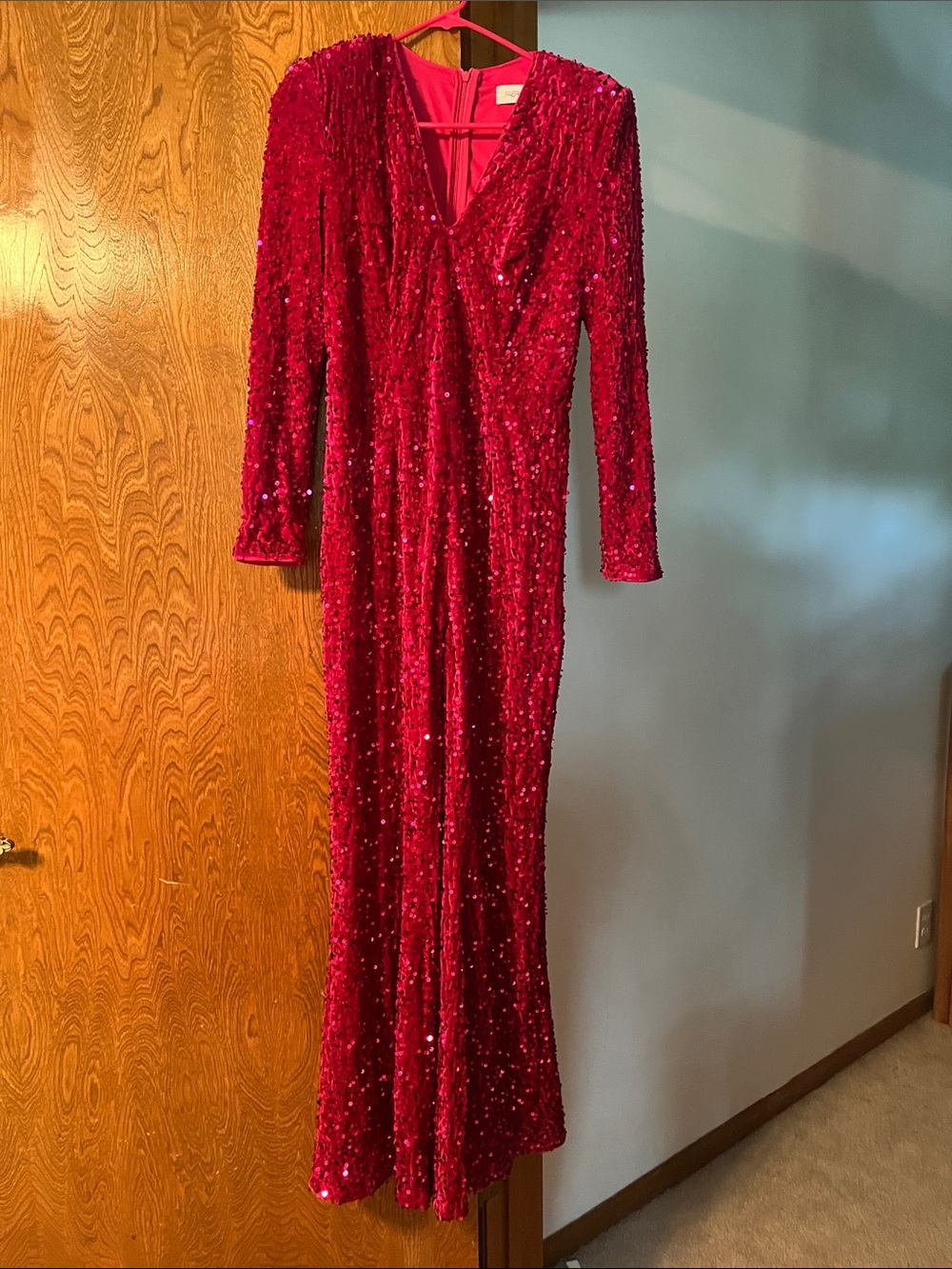 Fuschia Sequin Long-Sleeve V-Neck Evening Dress